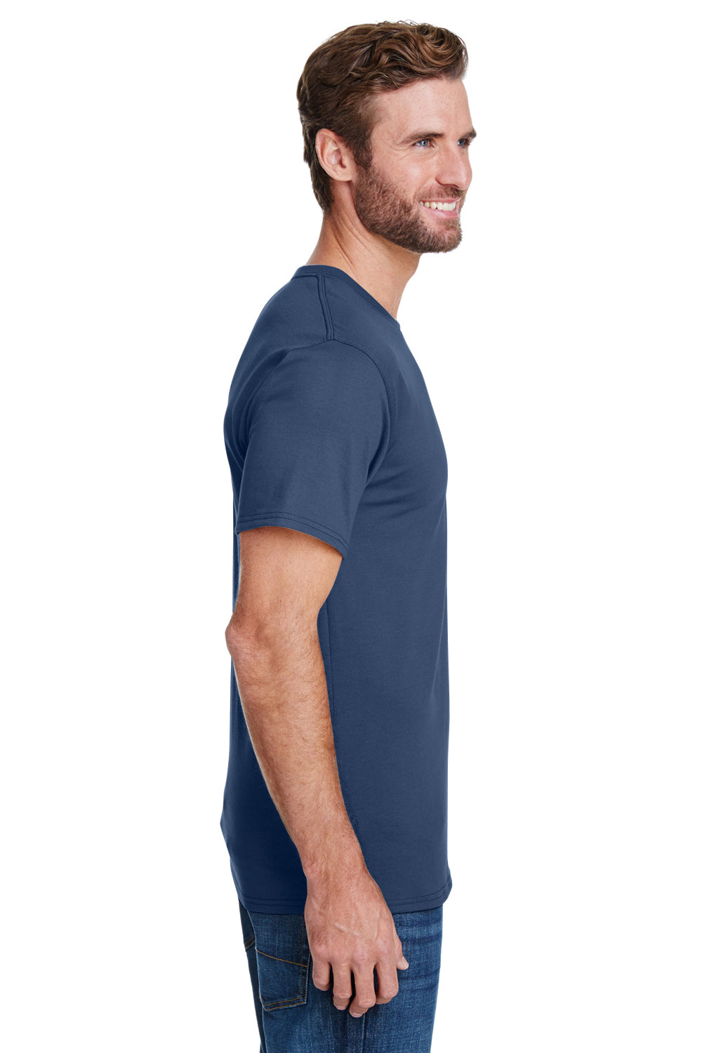 Hanes W110 Mens Workwear Short Sleeve Crewneck T-Shirt w/ Pocket Navy Blue Side