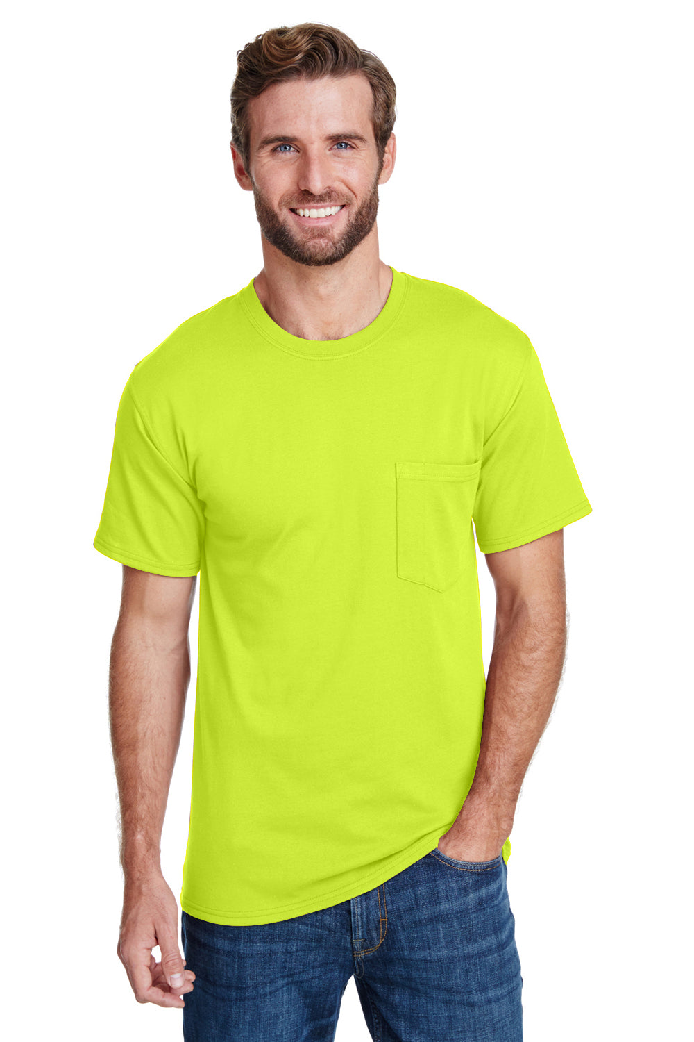 Hanes W110 Mens Workwear Short Sleeve Crewneck T-Shirt w/ Pocket Safety Green Front