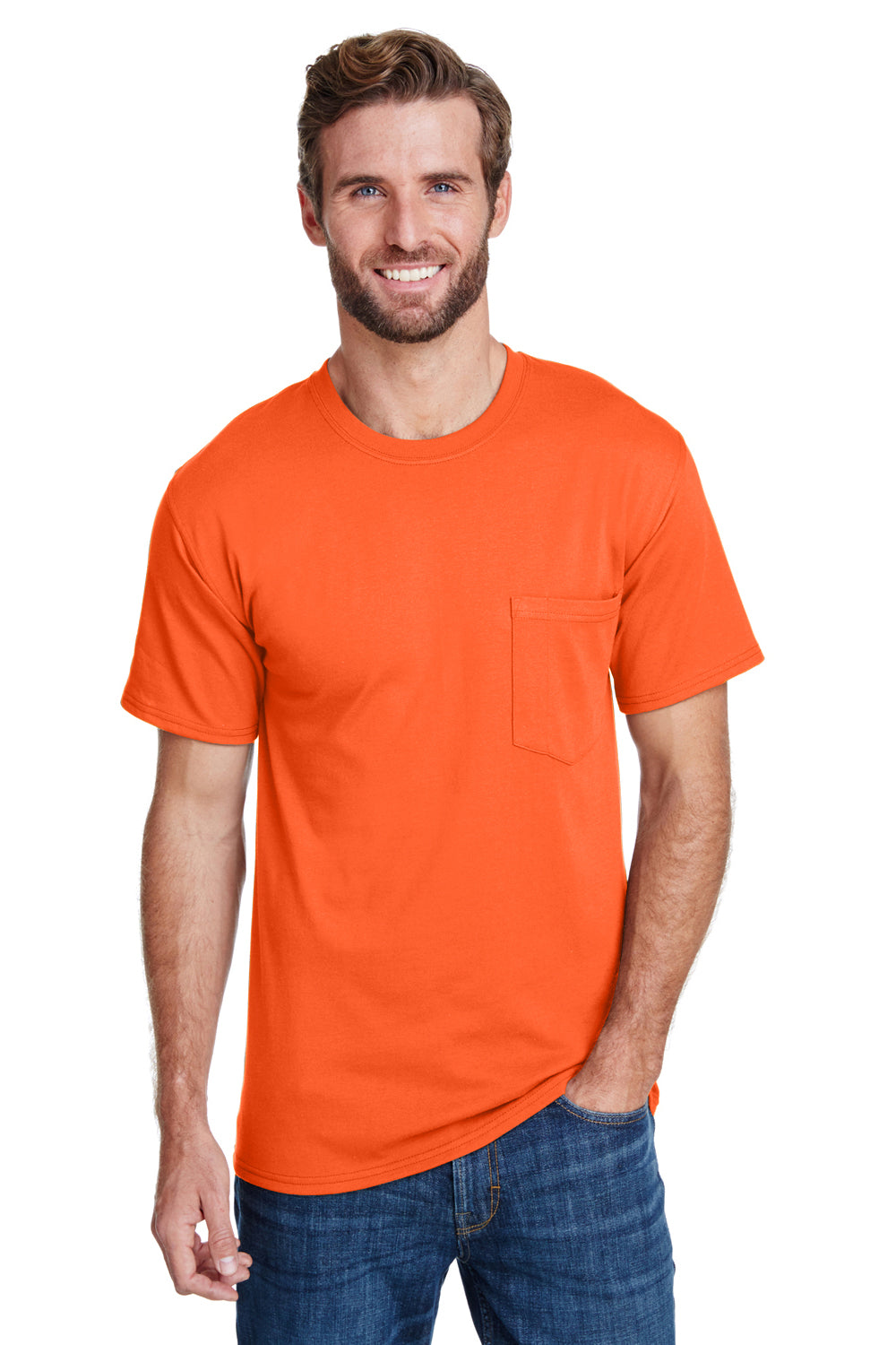 Hanes W110 Mens Workwear Short Sleeve Crewneck T-Shirt w/ Pocket Safety Orange Front