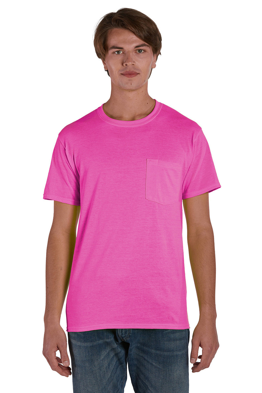 Hanes W110 Mens Workwear Short Sleeve Crewneck T-Shirt w/ Pocket Safety Pink Front