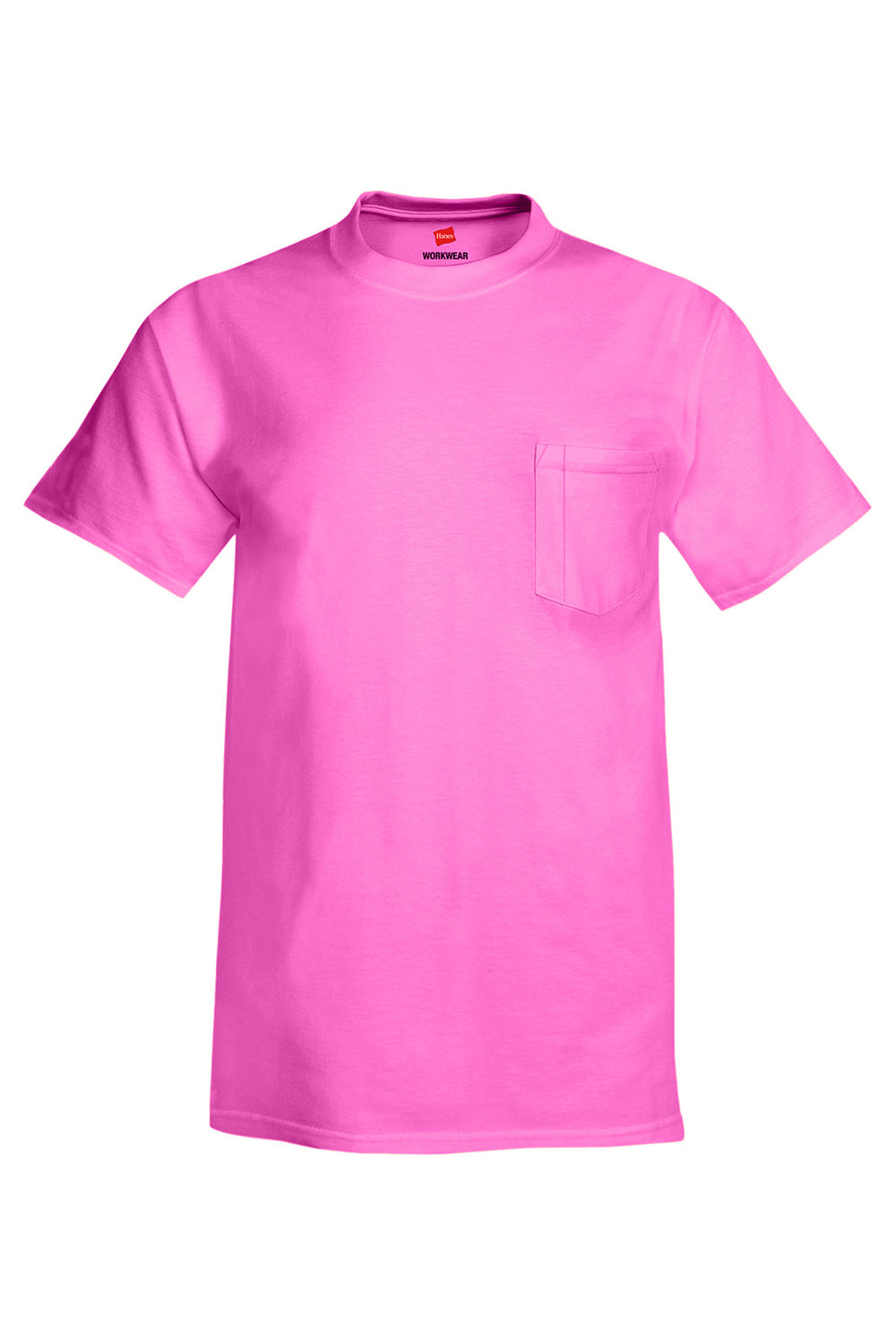 Hanes W110 Mens Workwear Short Sleeve Crewneck T-Shirt w/ Pocket Safety Pink Flat Front