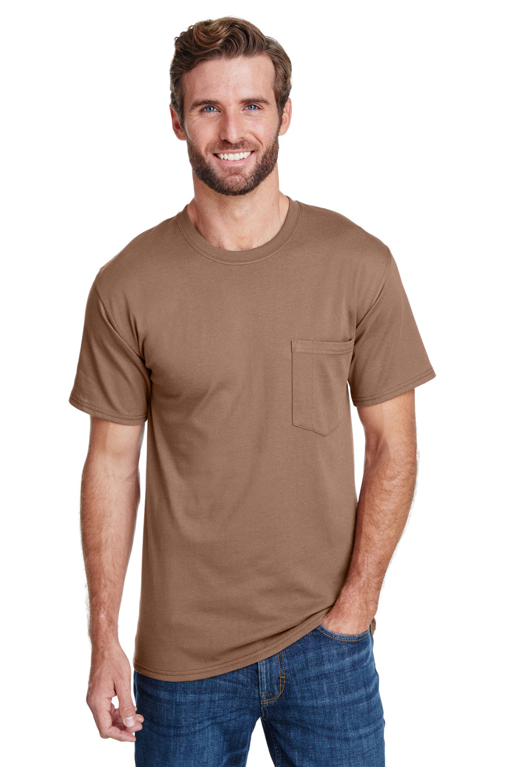 Hanes W110 Mens Workwear Short Sleeve Crewneck T-Shirt w/ Pocket Army Brown Front