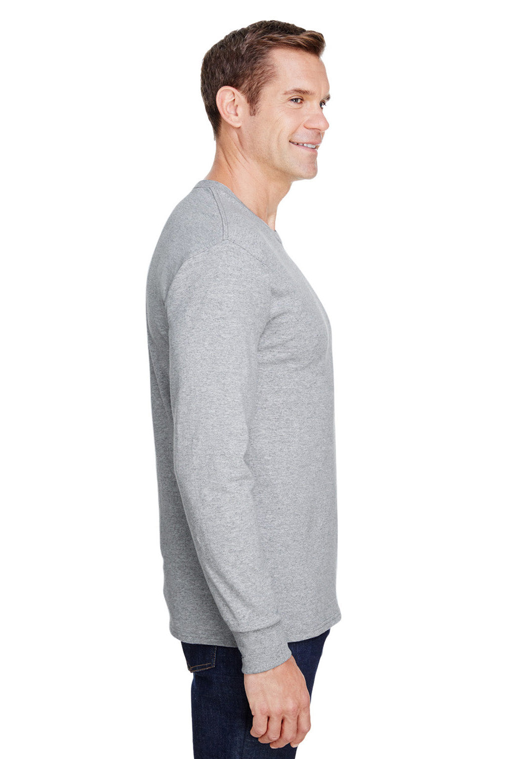 Hanes W120 Mens Workwear Long Sleeve Crewneck T-Shirt w/ Pocket Light Steel Grey Side