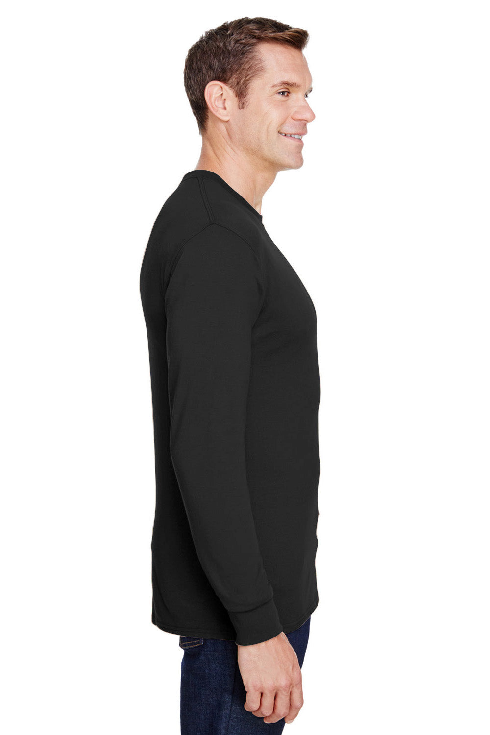 Hanes W120 Mens Workwear Long Sleeve Crewneck T-Shirt w/ Pocket Black Side