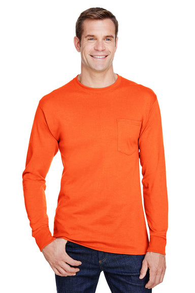Hanes W120 Mens Workwear Long Sleeve Crewneck T-Shirt w/ Pocket Safety Orange Front