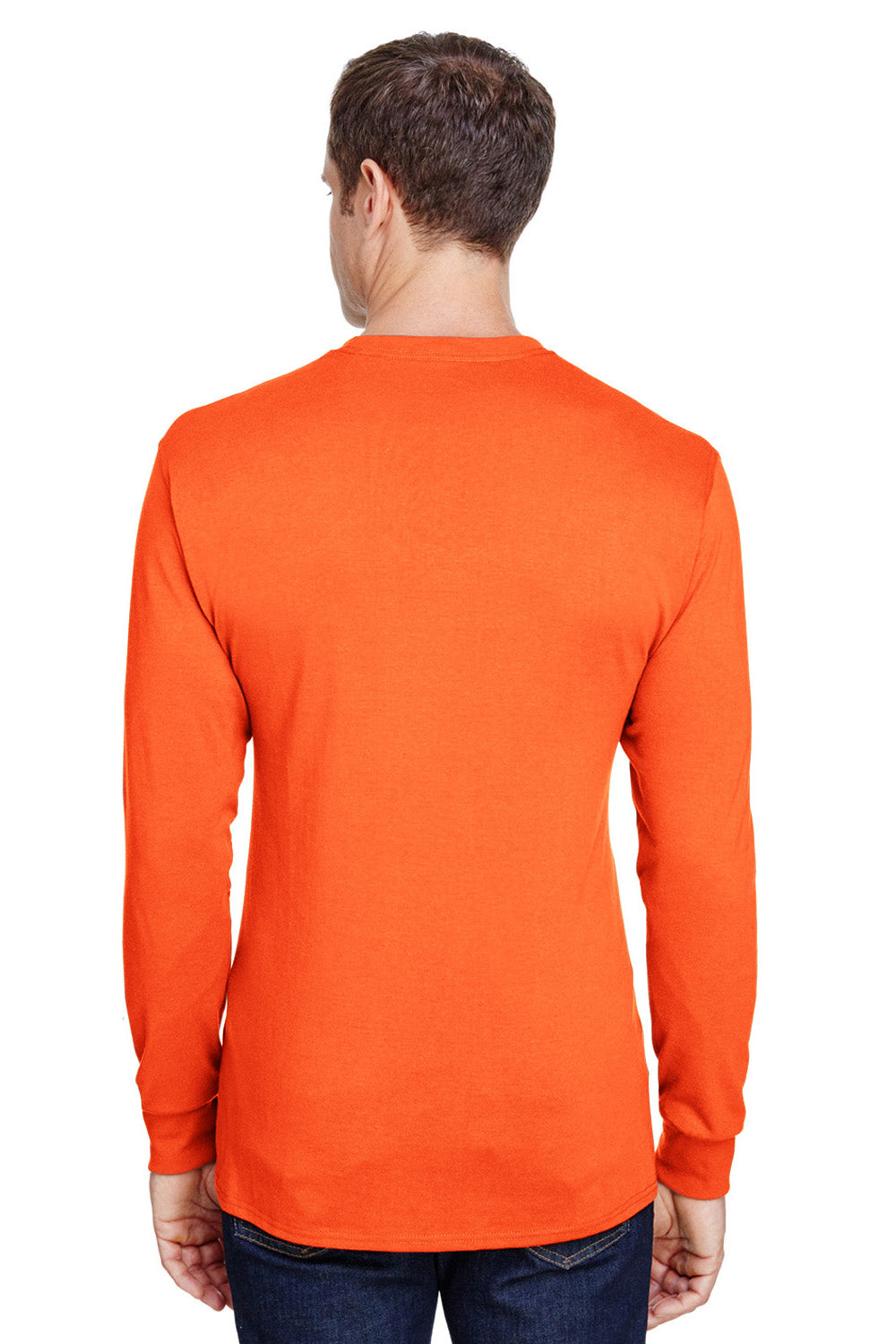 Hanes W120 Mens Workwear Long Sleeve Crewneck T-Shirt w/ Pocket Safety Orange Back