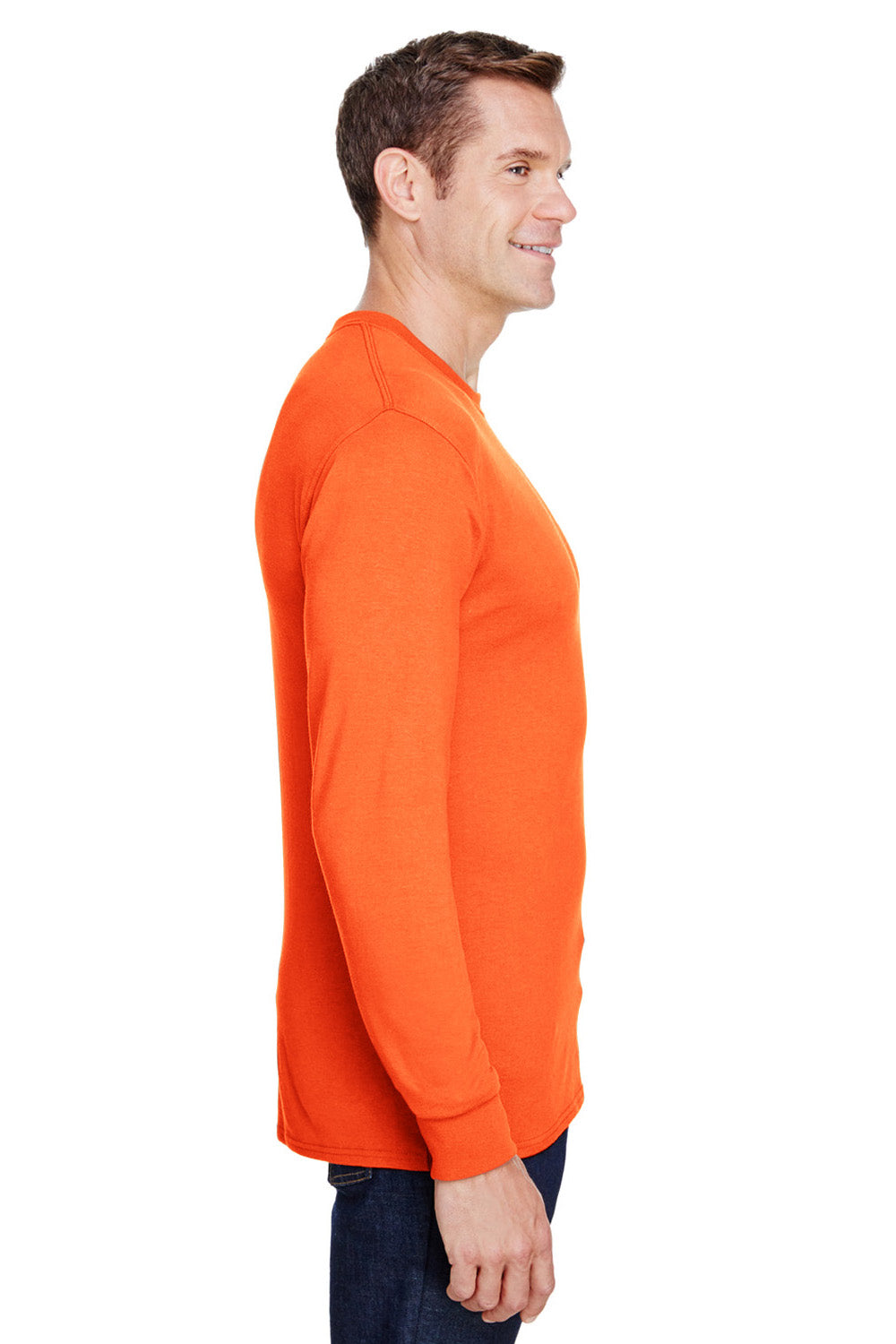 Hanes W120 Mens Workwear Long Sleeve Crewneck T-Shirt w/ Pocket Safety Orange Side