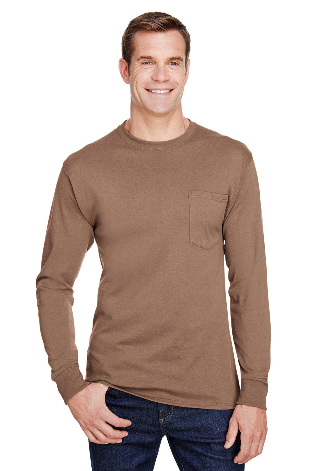 Hanes W120 Mens Workwear Long Sleeve Crewneck T-Shirt w/ Pocket Army Brown Front