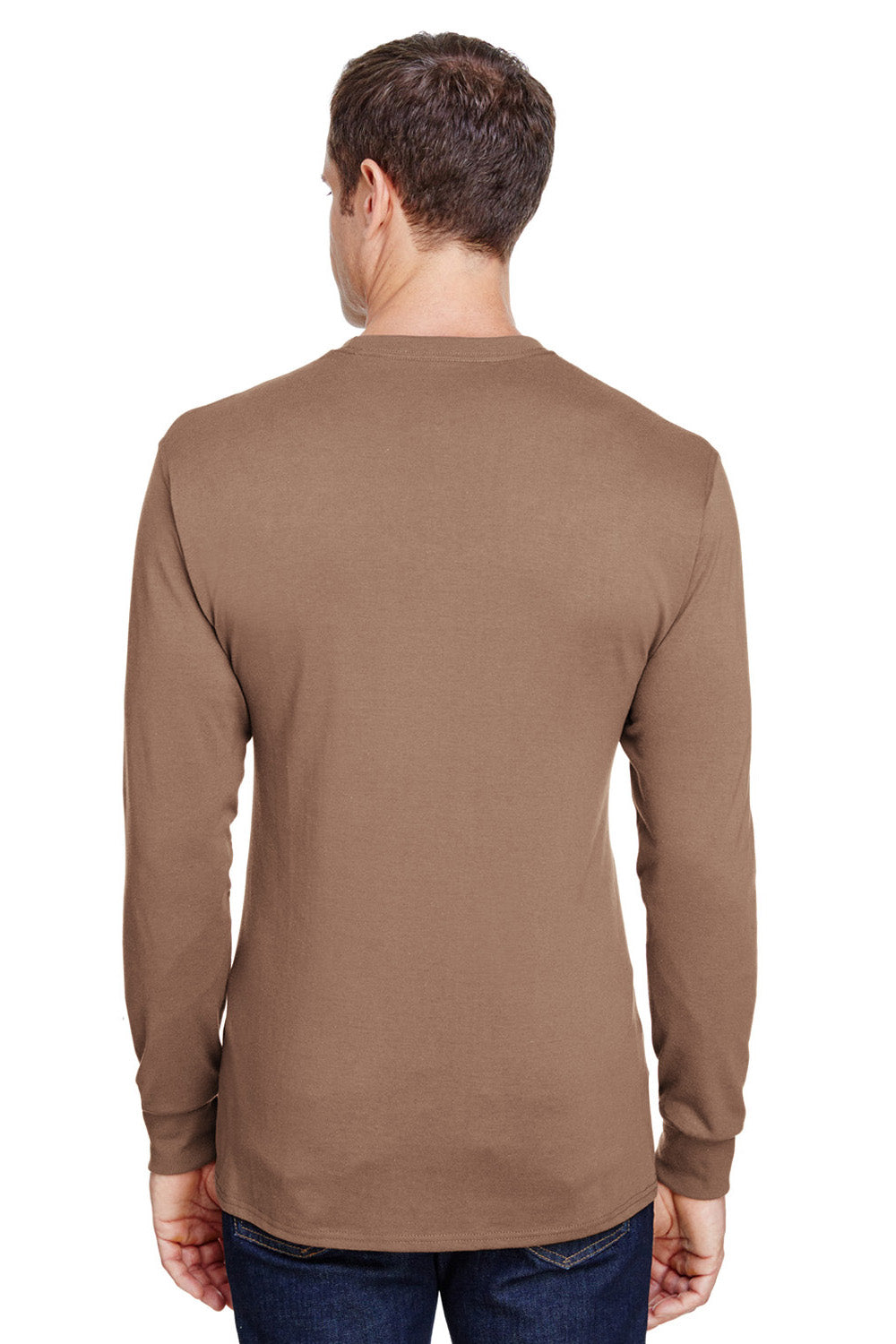 Hanes W120 Mens Workwear Long Sleeve Crewneck T-Shirt w/ Pocket Army Brown Back
