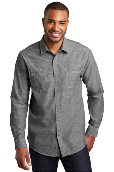 Port Authority W380 Mens Slub Chambray Long Sleeve Button Down Shirt w/ Double Pockets Grey Front