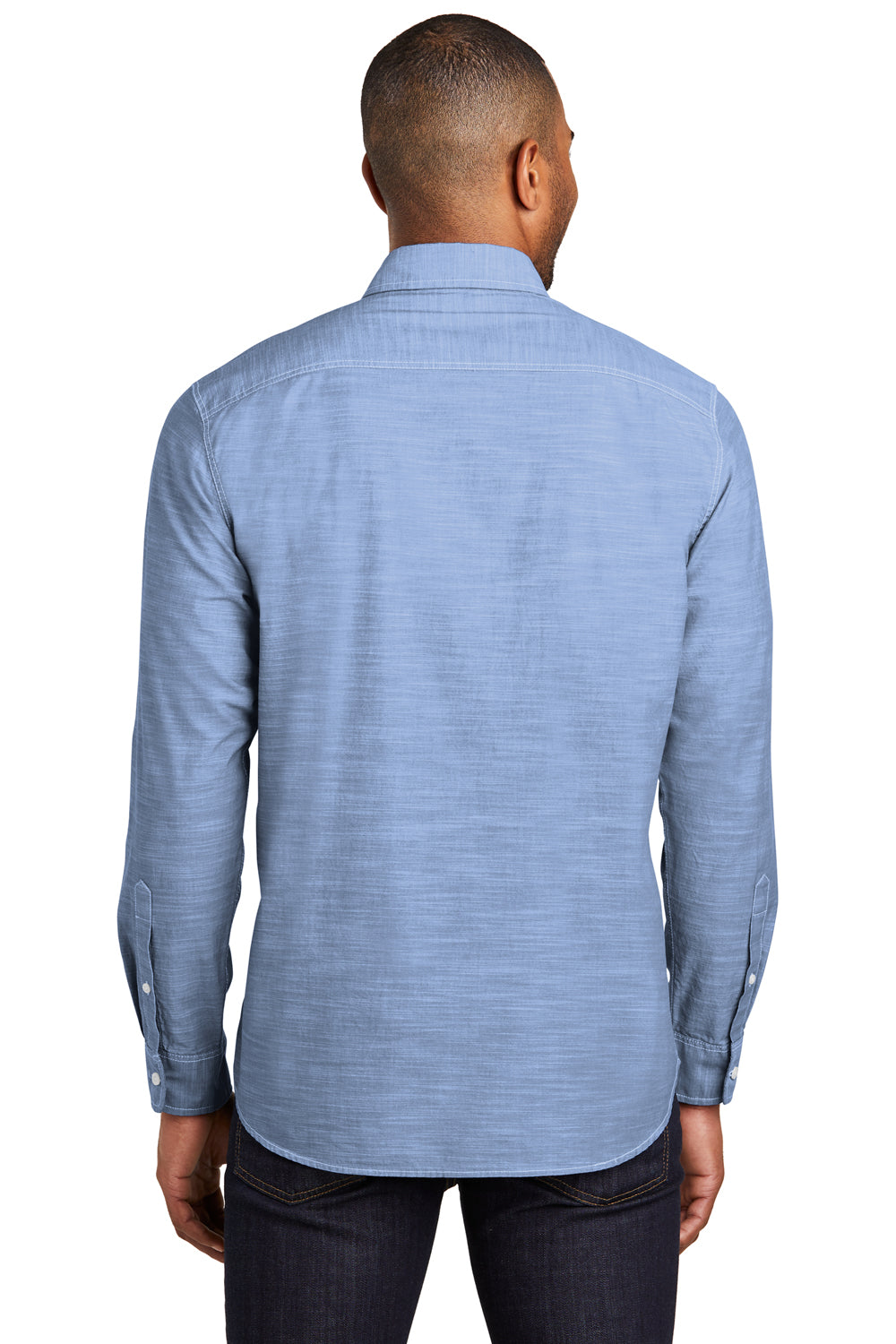 Port Authority W380 Mens Slub Chambray Long Sleeve Button Down Shirt w/ Double Pockets Blue Back