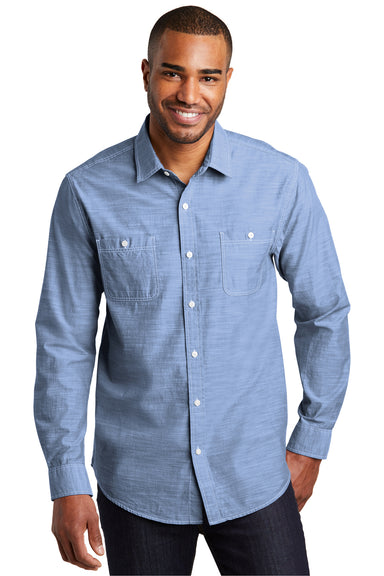 Port Authority W380 Mens Slub Chambray Long Sleeve Button Down Shirt w/ Double Pockets Blue Front