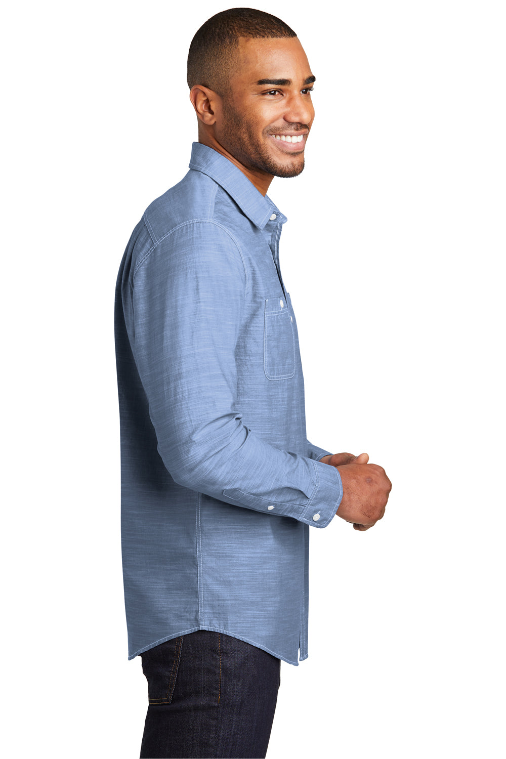 Port Authority W380 Mens Slub Chambray Long Sleeve Button Down Shirt w/ Double Pockets Blue Side