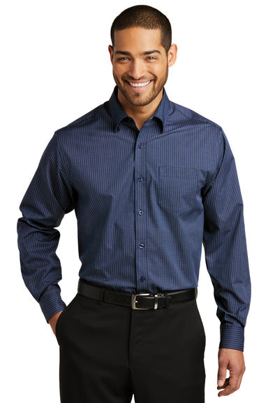 Port Authority W643 Mens Easy Care Wrinkle Resistant Long Sleeve Button Down Shirt w/ Pocket Navy Blue/Heritage Blue Front