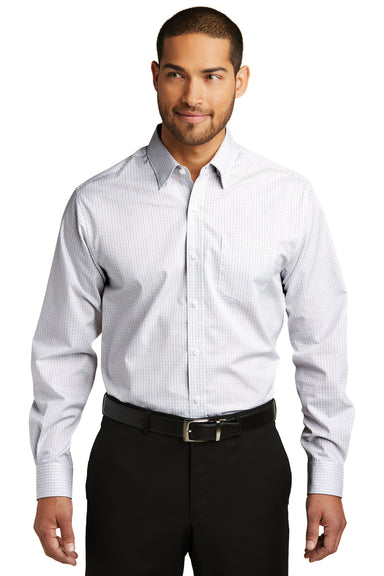 Port Authority W643 Mens Easy Care Wrinkle Resistant Long Sleeve Button Down Shirt w/ Pocket White/Dark Grey Front