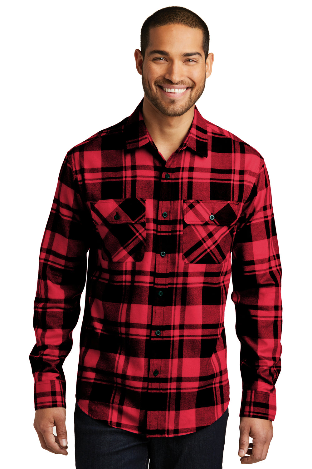 Port Authority W668 Mens Flannel Long Sleeve Button Down Shirt w/ Double Pockets Red/Black Front