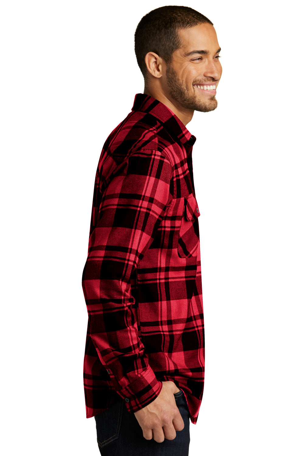 Port Authority W668 Mens Flannel Long Sleeve Button Down Shirt w/ Double Pockets Red/Black Side