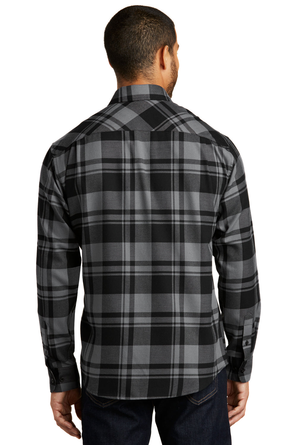 Port Authority W668 Mens Flannel Long Sleeve Button Down Shirt w/ Double Pockets Grey/Black Back