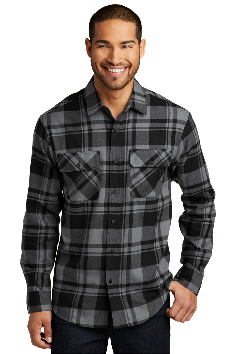 Port Authority W668 Mens Flannel Long Sleeve Button Down Shirt w/ Double Pockets Grey/Black Front