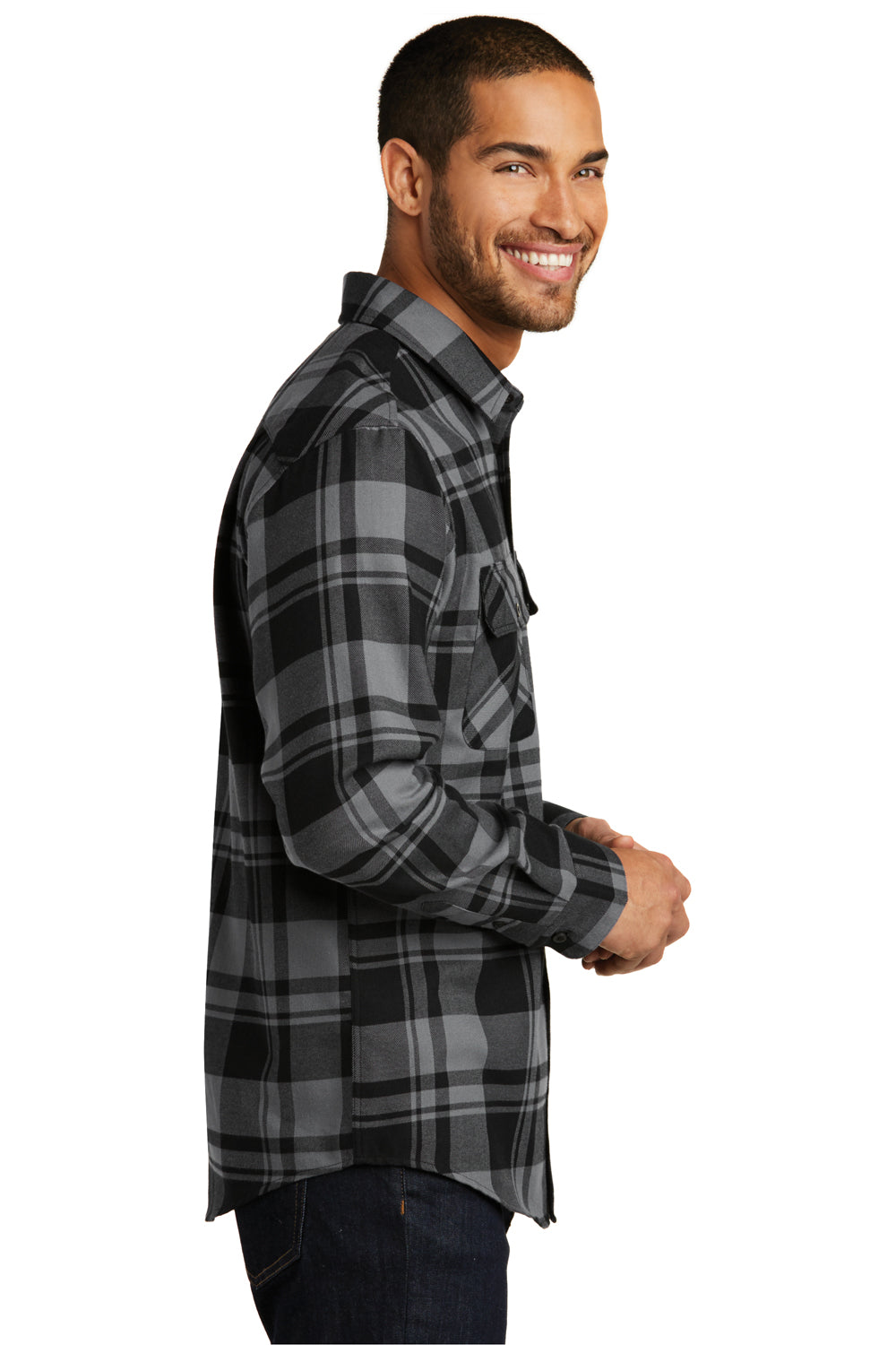 Port Authority W668 Mens Flannel Long Sleeve Button Down Shirt w/ Double Pockets Grey/Black Side