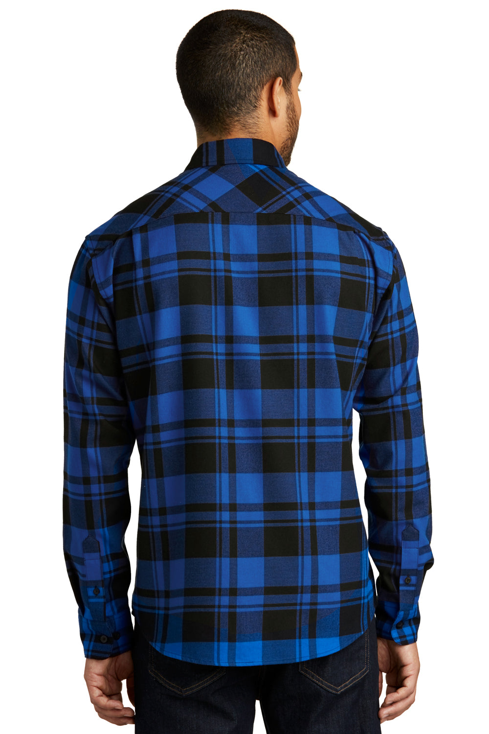 Port Authority W668 Mens Flannel Long Sleeve Button Down Shirt w/ Double Pockets Royal Blue/Black Back