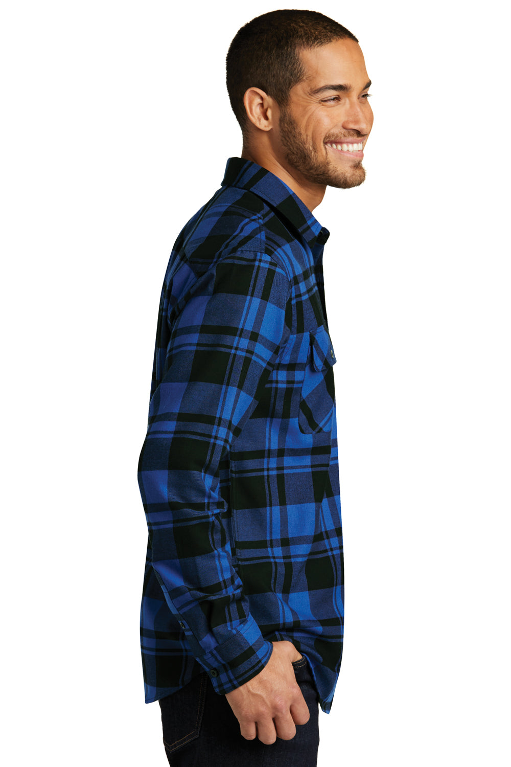 Port Authority W668 Mens Flannel Long Sleeve Button Down Shirt w/ Double Pockets Royal Blue/Black Side