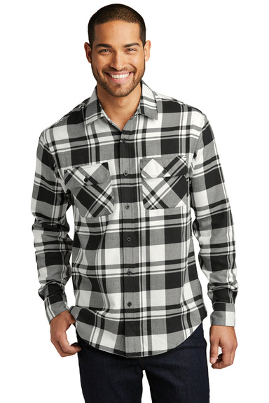 Port Authority W668 Mens Flannel Long Sleeve Button Down Shirt w/ Double Pockets White/Black Front