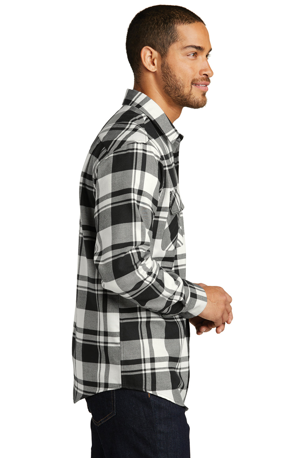 Port Authority W668 Mens Flannel Long Sleeve Button Down Shirt w/ Double Pockets White/Black Side