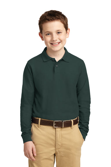 Port Authority Y500LS Youth Silk Touch Wrinkle Resistant Long Sleeve Polo Shirt Dark Green Front