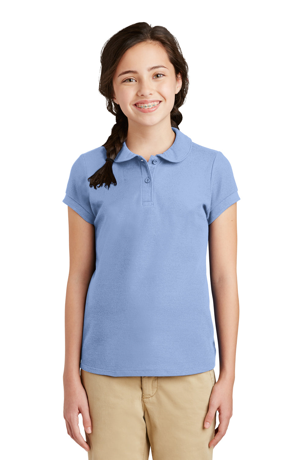 Port Authority YG503 Youth Silk Touch Wrinkle Resistant Short Sleeve Polo Shirt Light Blue Front