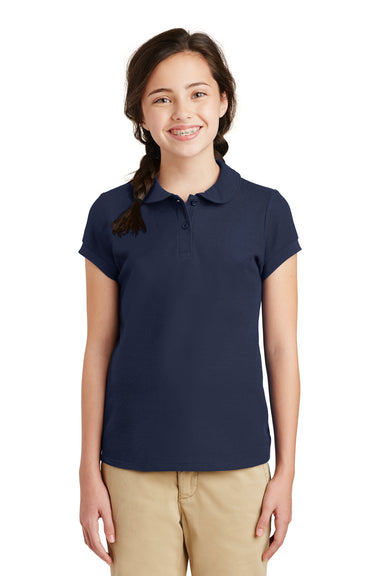 Port Authority YG503 Youth Silk Touch Wrinkle Resistant Short Sleeve Polo Shirt Navy Blue Front