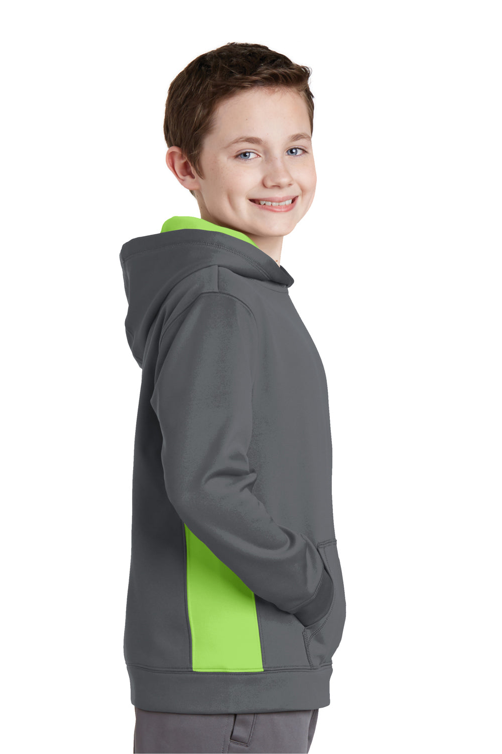 Sport-Tek YST235 Youth Sport-Wick Moisture Wicking Fleece Hooded Sweatshirt Hoodie Dark Grey/Lime Green Side