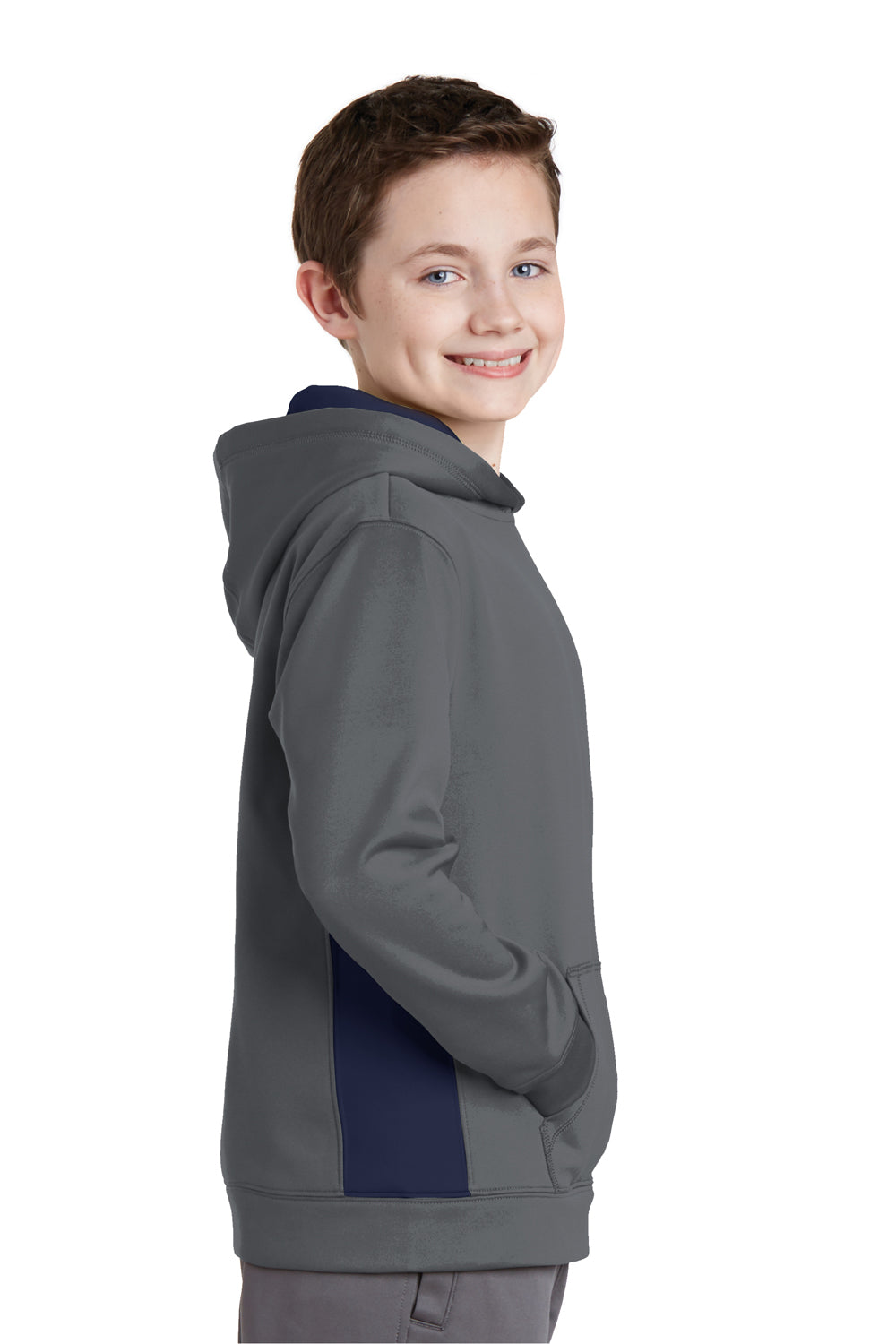Sport-Tek YST235 Youth Sport-Wick Moisture Wicking Fleece Hooded Sweatshirt Hoodie Dark Grey/Navy Blue Side