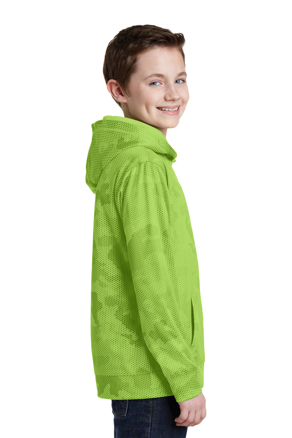 Sport-Tek YST240 Youth Sport-Wick CamoHex Moisture Wicking Fleece Hooded Sweatshirt Hoodie Lime Green Side