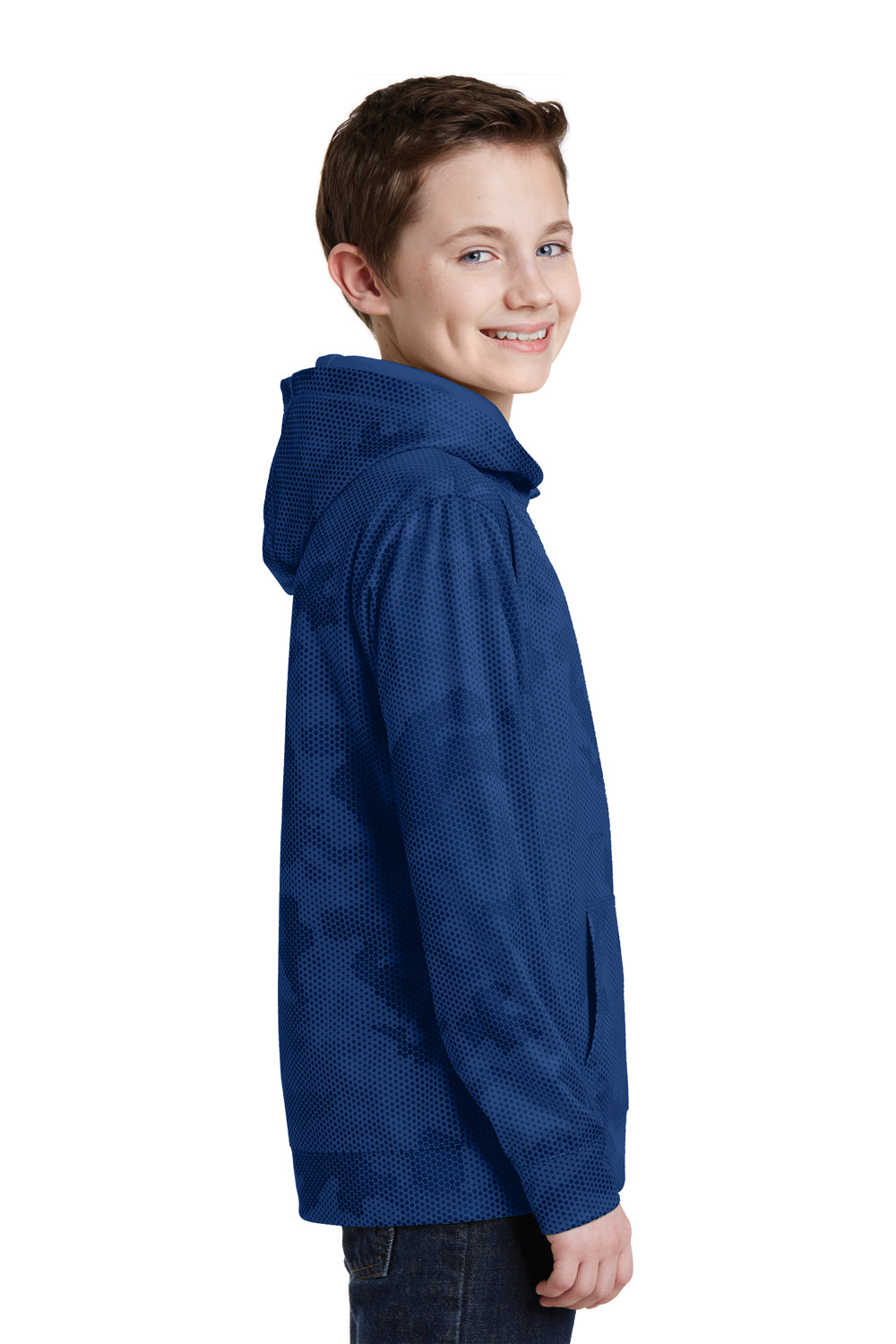 Sport-Tek YST240 Youth Sport-Wick CamoHex Moisture Wicking Fleece Hooded Sweatshirt Hoodie Royal Blue Side