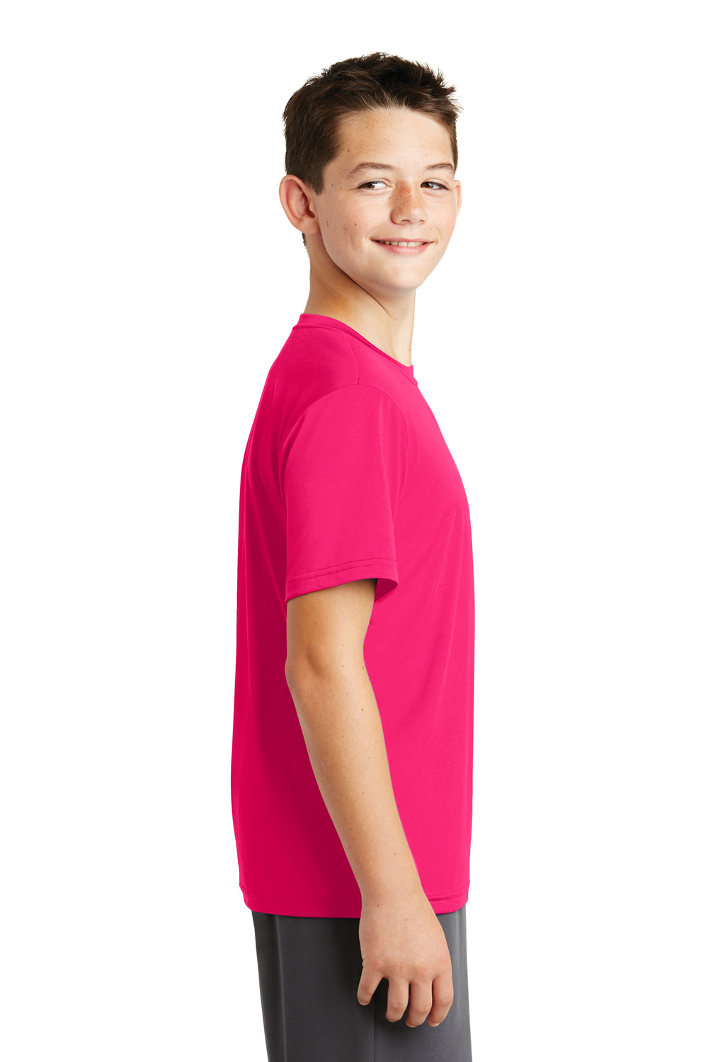 Sport-Tek YST320 Youth Tough Moisture Wicking Short Sleeve Crewneck T-Shirt Fuchsia Pink Side