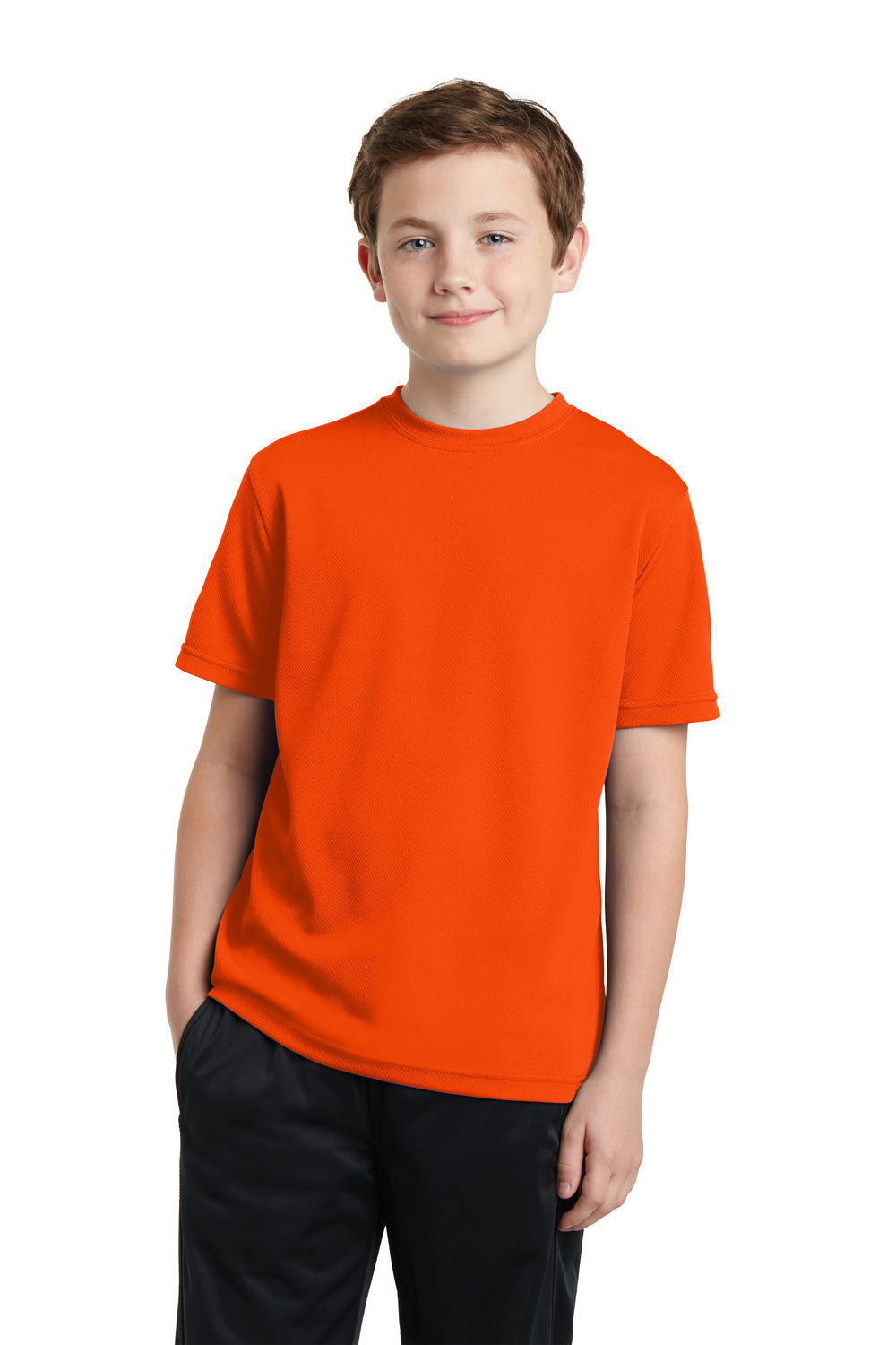 Sport-Tek YST340 Youth RacerMesh Moisture Wicking Short Sleeve Crewneck T-Shirt Neon Orange Front