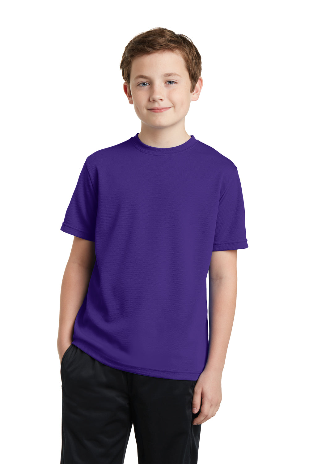 Sport-Tek YST340 Youth RacerMesh Moisture Wicking Short Sleeve Crewneck T-Shirt Purple Front