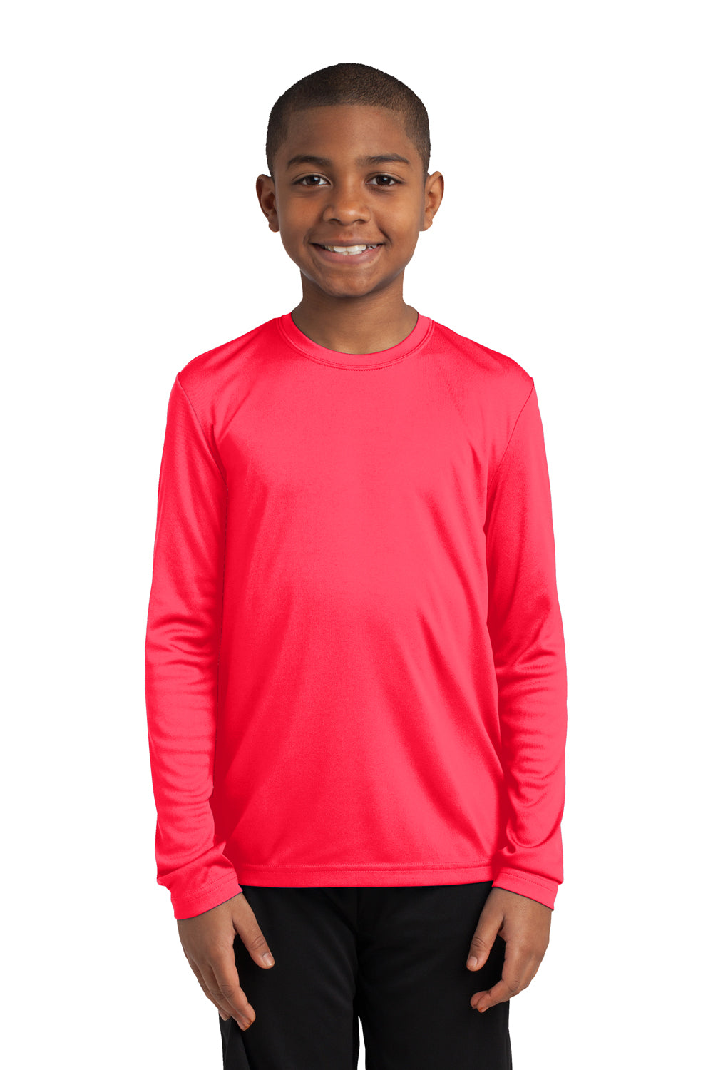 Sport-Tek YST350LS Youth Competitor Moisture Wicking Long Sleeve Crewneck T-Shirt Hot Coral Pink Front