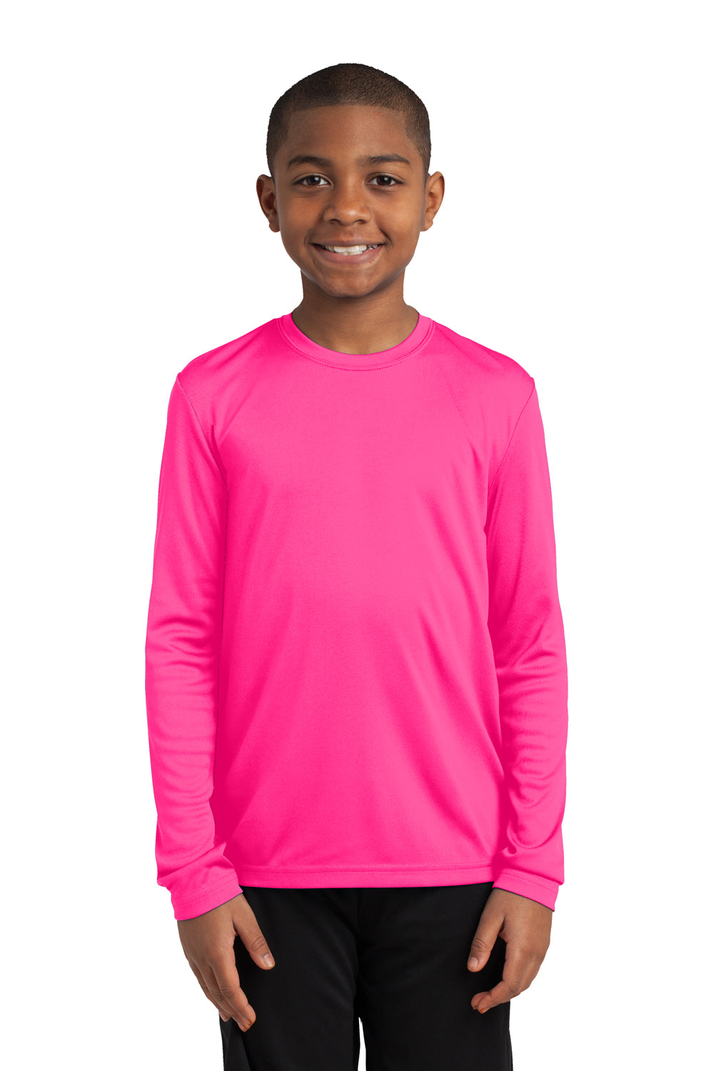Sport-Tek YST350LS Youth Competitor Moisture Wicking Long Sleeve Crewneck T-Shirt Neon Pink Front
