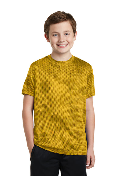 Sport-Tek YST370 Youth CamoHex Moisture Wicking Short Sleeve Crewneck T-Shirt Gold Front