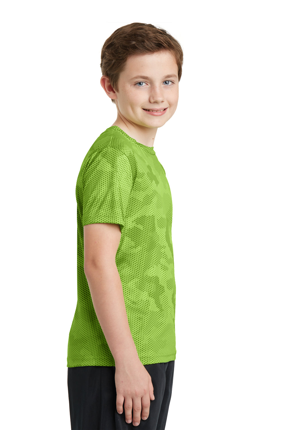 Sport-Tek YST370 Youth CamoHex Moisture Wicking Short Sleeve Crewneck T-Shirt Lime Green Side