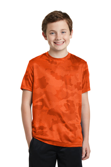 Sport-Tek YST370 Youth CamoHex Moisture Wicking Short Sleeve Crewneck T-Shirt Orange Front