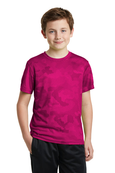 Sport-Tek YST370 Youth CamoHex Moisture Wicking Short Sleeve Crewneck T-Shirt Fuchsia Pink Front