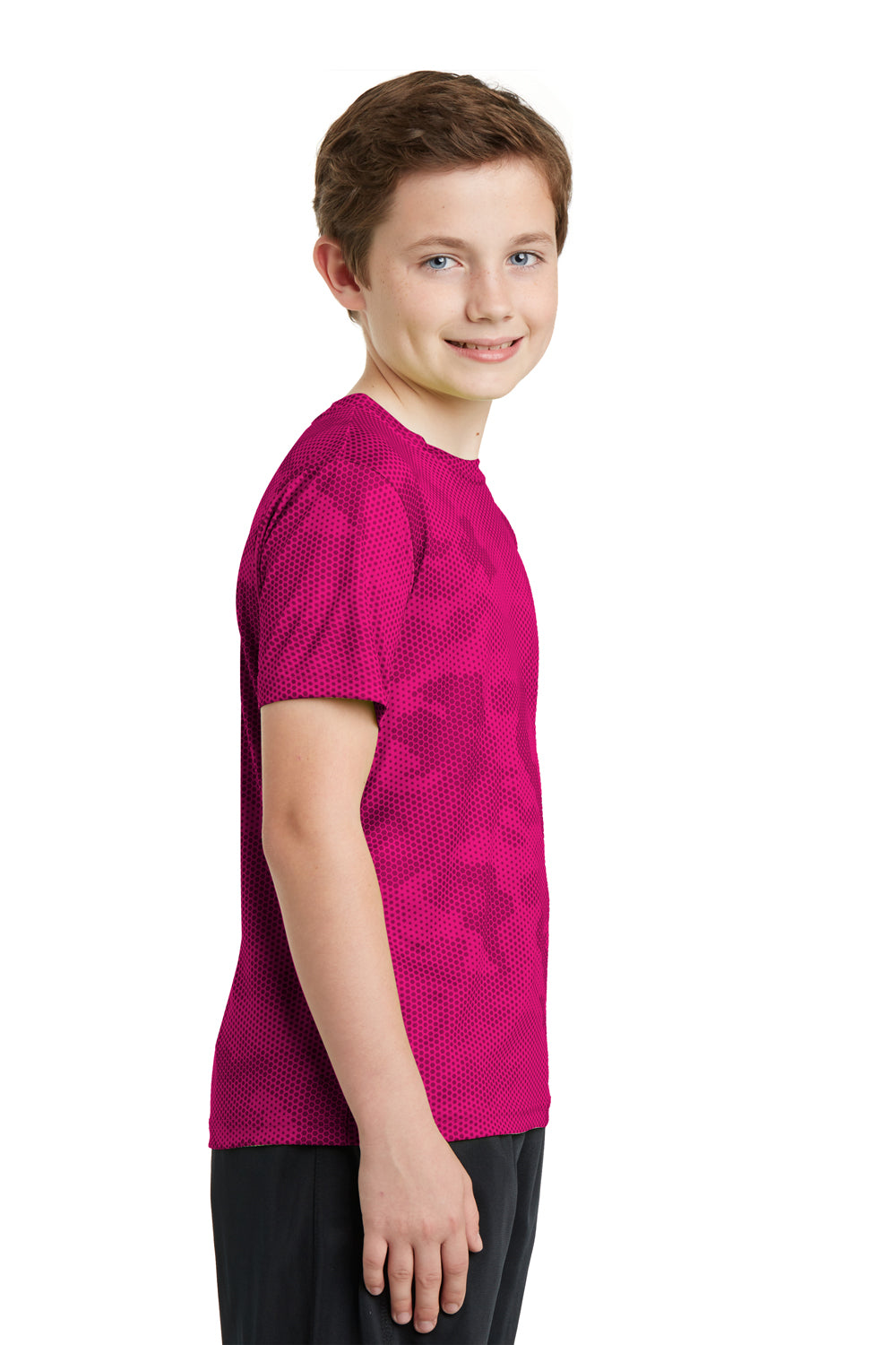 Sport-Tek YST370 Youth CamoHex Moisture Wicking Short Sleeve Crewneck T-Shirt Fuchsia Pink Side