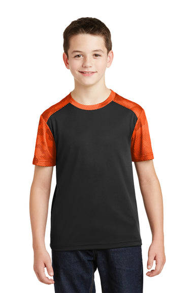 Sport-Tek YST371 Youth CamoHex Moisture Wicking Short Sleeve Crewneck T-Shirt Black/Orange Front
