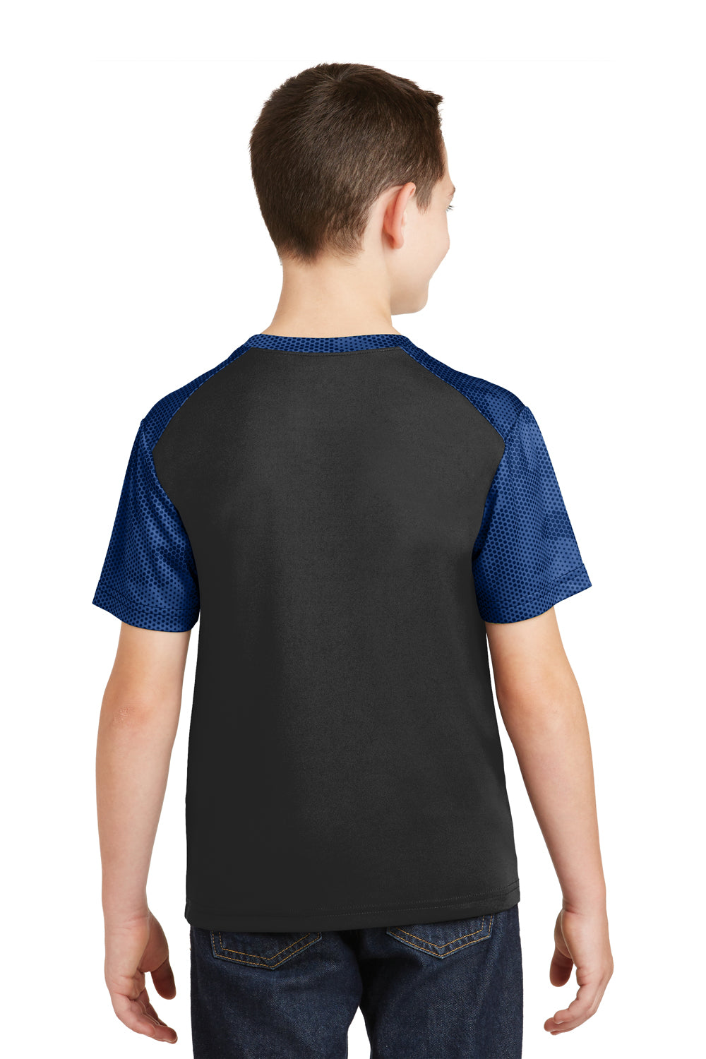 Sport-Tek YST371 Youth CamoHex Moisture Wicking Short Sleeve Crewneck T-Shirt Black/Royal Blue Back