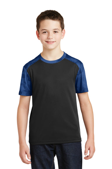Sport-Tek YST371 Youth CamoHex Moisture Wicking Short Sleeve Crewneck T-Shirt Black/Royal Blue Front