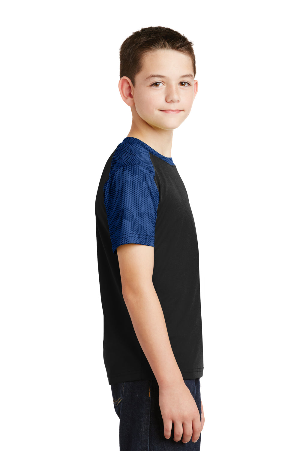 Sport-Tek YST371 Youth CamoHex Moisture Wicking Short Sleeve Crewneck T-Shirt Black/Royal Blue Side