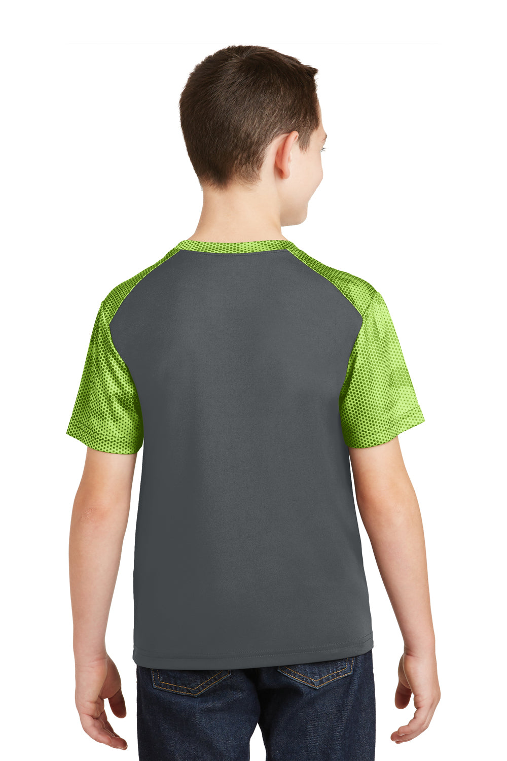 Sport-Tek YST371 Youth CamoHex Moisture Wicking Short Sleeve Crewneck T-Shirt Iron Grey/Lime Green Back